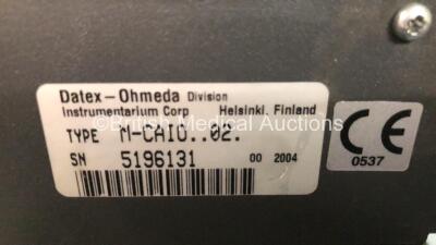 GE Datex-Ohmeda F-CM1-04 Anaesthesia Monitor (Powers Up) *Mfd 2005* with 1 x Datex-Ohmeda M-CAIO Gas Module with Water Trap and 1 x M-ESTPR Module - 5