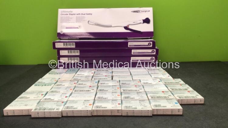 Mixed Lot Including 5 x Purple Surgical Ref PS9CS26S Circular Staplers and Large Quantity of Stryker Plates, Bone Screws and Bars *All Out of Date*