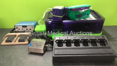 Mixed Lot Including 1 x Integra Model OCS2 Ojemann Cortical Stimulator (Untested Due to Missing Power Supply) 1 x Olympus MAJ-528 Footswitch, 1 x Confluent Surgical Flow Regulator, 1 x Cape 6 Way Rapid Charger (Powers Up) 1 x Stella Pulse Scope Cleaning U