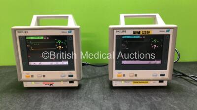 2 x Philips M3046A M3 Patient Monitors with 2 x Philips M3000A Modules Including ECG/Resp, SpO2, NBP, Temp and Press Options (Both Power Up) *SN DE73103606, DE73105891, DE00819768, DE00834529*