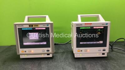 2 x Philips M3046A M4 Patient Monitors with 1 x Philips M3000A Module Including ECG/Resp, SpO2 and NBP Options and 1 x Agilent M3000A Module Including ECG/Resp, SpO2, NBP, Temp and Press Options (Both Power Up 1 with Damaged Catch-See Photo) *SN DE945369