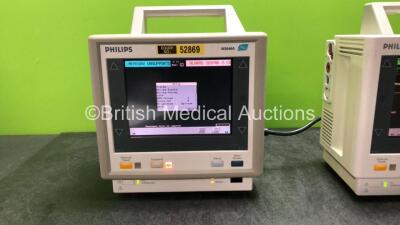 2 x Philips M3046A M4 Patient Monitors with 1 x Philips M3000A Module Including ECG/Resp, SpO2 and NBP Options and 1 x Agilent M3000A Module Including ECG/Resp, SpO2, NBP, Temp and Press Options (Both Power Up 1 with Damaged Catch-See Photo) *SN DE945369 - 2