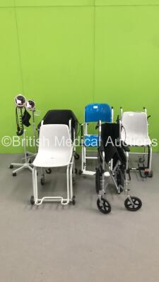 Mixed Lot Including 2 x Welch Allyn BP Meters on Stands * Missing 1 x Wheel *,1 x Weylux Seated Weighing Scales,2 x Marsden Seated Weighing Scales * 1 x Damaged Monitor *, 1 x SECA Seated Weighing Scales and 1 x Manual Wheelchair