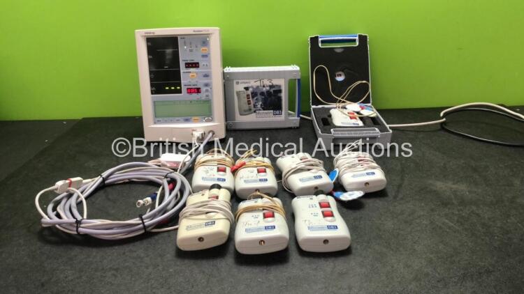 Mixed Lot Including 1 x Mindray Accutorr Plus Patient Monitor with 1 x Spo2 Finger Sensor and 1 x BP Hose (Powers Up) 9 x Viamed Microstim DB3 Suporamaximal Nerve Stimulators with 2 x Carry Case (All Untested Due to Missing Batteries)