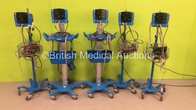 5 x GE Carescape V100 Patient Monitors on Stands with 4 x BP Hoses and 4 x SpO2 Finger Sensors (4 x Powers Up,1 x No Power) * SN SH611460198SA / SDT09330197SP / SDT08450075SP / SDT09040358SP / SDT08450073SP *