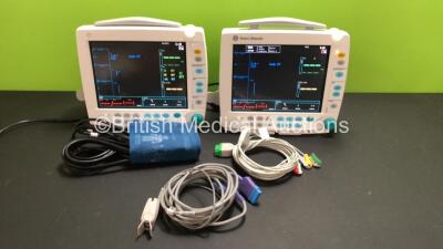 2 x Datex-Ohmeda S/5 FM Patient Monitors with 2 x E-PSMP Multiparameter Modules with ECG, NIBP, SPO2, P1 P2 and T1 T2 Options, 1 x 3 Lead ECG Lead, 1 x NIBP Cuff and Hose, 1 x SPO2 Finger Sensor and 4 x Batteries (Both Power Up, 1 with SRAM Error, Both Da