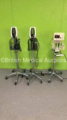 2 x Welch Allyn 420 Series Patient Monitors on Stands (Both Power Up - 1 x with Error - See Pictures) and 1 x Welch Allyn 5200 Series Patient Monitor on Stand (Powers Up) *S/N 200301762 / 200102071 /