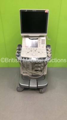 Toshiba Aplio 500 Flat Screen Ultrasound Scanner Model TUS-A500 with 3 x Transducers/Probes (1 x PLT-704AT * Mfd Feb 2011 *, 1 x PVT-375BT * Mfd Nov 2013 * and 1 x PLT-1204BT * Mfd May 2012 *) (Hard Drive Removed-Missing Dial-See Photos) * SN T1D1283057 *