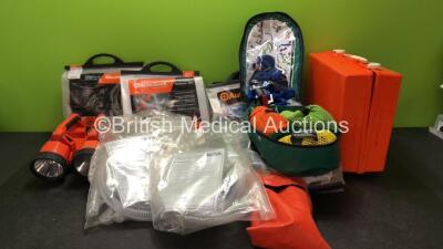 Mixed Lot Including 4 x Autosock Traction Aids, 2 x Bright Star Lighthawk Torches (Both No Power) 1 x Pneupac 100/905/340 Breathing Circuit, 1 x Pneupac 100/905/340-CH Breathing Circuit, 1 x Fluids Box and 1 x ACR Ambulance Child Restraint Kit