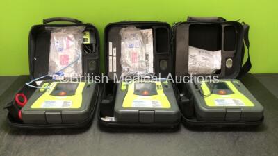 3 x Zoll AED Pro Defibrillators with 3 x Electrodes and 3 x Batteries in Carry Case (All Power Up, 1 with Damaged Screen-See Photo)