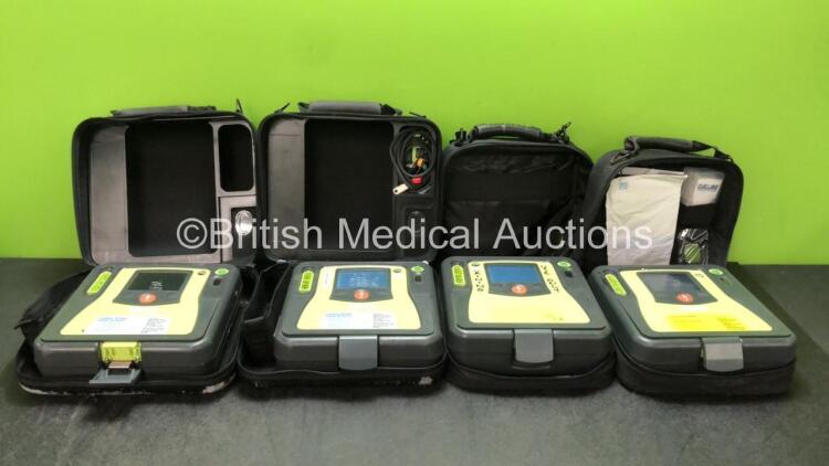 4 x Zoll AED Pro Defibrillators with 1 x Electrodes, 1 x 3 Lead ECG Lead and 4 x Batteries in Carry Case (All Power Up 2 with Damaged Screens-See Photos )