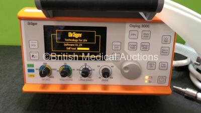 Drager Oxylog 3000 Ventilator Software Version 01.24 with 1 x Hose, 1 x Regulator,1 x Breathing Tube and 1 x Power Supply (Powers Up) *Mfd 2009* *S/N SSAF-0022* - 2