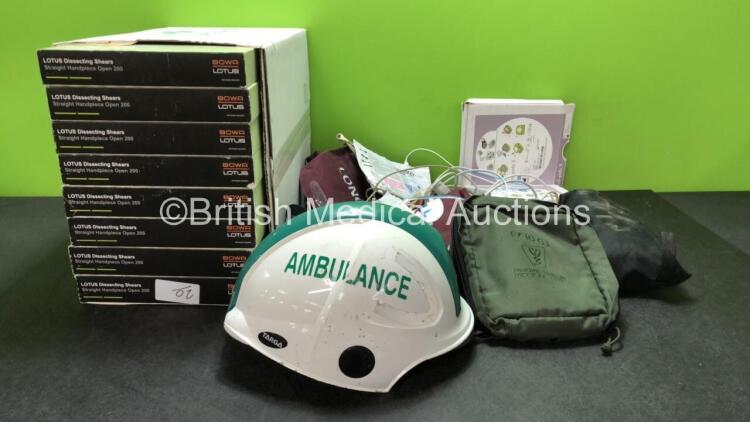 Mixed Lot Including 1 x Ambulance Helmet, Dissecting Shears, BP Cuffs, Defibrillation Electrodes and Patient Monitoring Cables