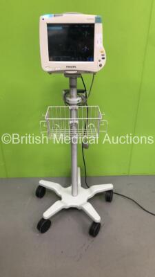 Philips IntelliVue MP50 Neonatal Patient Monitor Ref 862116 on Stand with Philips M3001A Module with Press, Temp, NBP, SPO2 and ECG/Resp Options (Powers Up - Damage to Casing - Missing Dial - See Pictures)