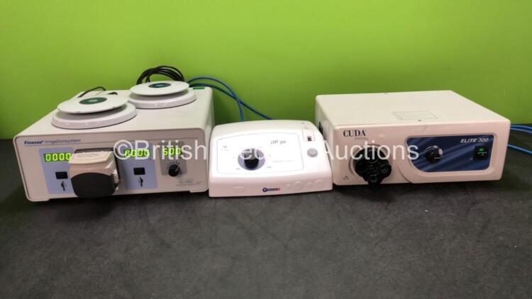 Mixed Lot Including 1 x Finesse Irrigation System with 2 x Footswitches (Powers Up with 1 Damaged Footswitch Cable-See Photo) 1 x Nouvag DP30 Dispenser (Powers Up) 1 x Cuda Surgical Elite 300 Light Source (Powers Up with Faulty Bulb and Cracked Casing-See