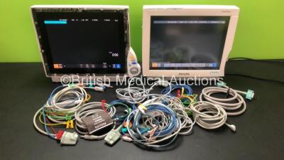 2 x Philips IntelliVue MP70 Monitors (Both Power Up with Missing Casing / Panels) and Various Philips Monitor Leads *DE22707093 - DE22707077*