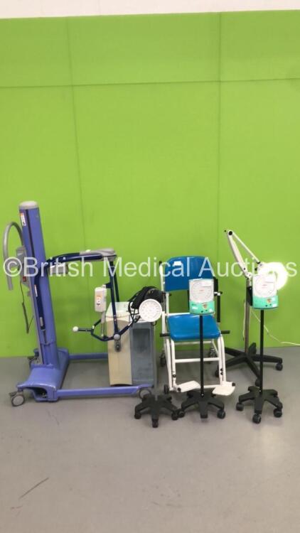 Large Mixed Lot Including 1 x Arjo Maxi Move Electric Patient Hoist with Controller,3 x Accoson BP Meters * Missing 1 x Front Trim *,1 x Derungs Patient Examination Light,1 x Marsden Seated Weighing Scales and 1 x Shenyang Medical Oxygen Concentrator