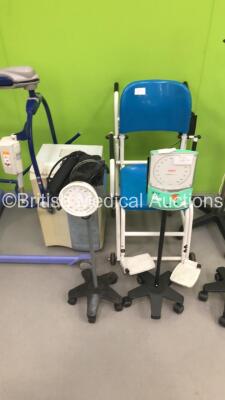 Large Mixed Lot Including 1 x Arjo Maxi Move Electric Patient Hoist with Controller,3 x Accoson BP Meters * Missing 1 x Front Trim *,1 x Derungs Patient Examination Light,1 x Marsden Seated Weighing Scales and 1 x Shenyang Medical Oxygen Concentrator - 3