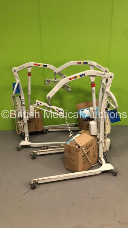 3 x Liko UNO 102 Electric Patient Hoists with Controllers and 3 x Boxes of Patient Slings (3 x No Power-Suspected Flat Batteries)