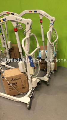 3 x Liko UNO 102 Electric Patient Hoists with Controllers and 3 x Boxes of Patient Slings (3 x No Power-Suspected Flat Batteries) - 2