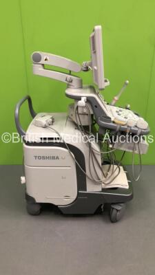 Toshiba Aplio 500 TUS-A500 Flat Screen Ultrasound Scanner *S/N T1C1222520* **Mfd 02/2012** with 5 x Transducers / Probes (PVT-375BT *Mfd 01/2017* / PLT-1204AT *Mfd 01/2010* / PVT-681MV Mfd 2012* / PVT-675MV *Mfd 2011* and PVT-674BT *Locking Mech Damaged - 13