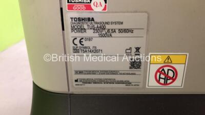 Toshiba Aplio 400 TUS-A400 Flat Screen Ultrasound Scanner *S/N T5A14X2071* **Mfd 10/2014** with 3 x Transducers / Probes (PVT-781VT *Mfd 11/2015* / PVT-674BT *Mfd 08/2015* and PVT-375BT *Mfd 09/2015*) (HDD REMOVED) - 12