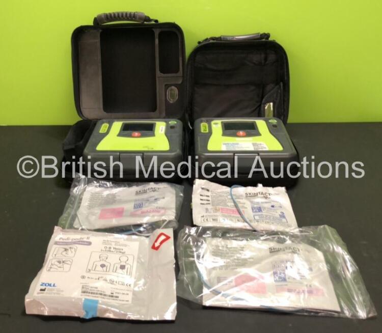 2 x Zoll AED Pro Defibrillators with 2 x Batteries (1 x Good Battery and 1 x Flat Battery) , 3 x Skintact Electrodes *Expiry Dates 10/2023, 06/2023 and 1 x Expiry* and 1 x Pedi-Padz Electrode *Expiry*, in Carry Cases (Both Power Up, 2 Batteries Included,