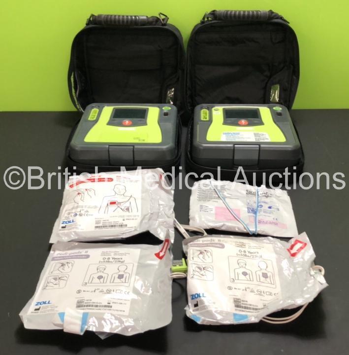 2 x Zoll AED Pro Defibrillators with 2 x Batteries (2 x Low Battery) , 1 x Skintact Electrode *Expires 06/2023*, 1 x CPR Stat-Padz *Expires 02/2023* and 2 x Pedi-Padz Electrode *Expiry*, in Carry Cases (Both Power Up, 1 with Slight Damage to Casing, 2 Bat