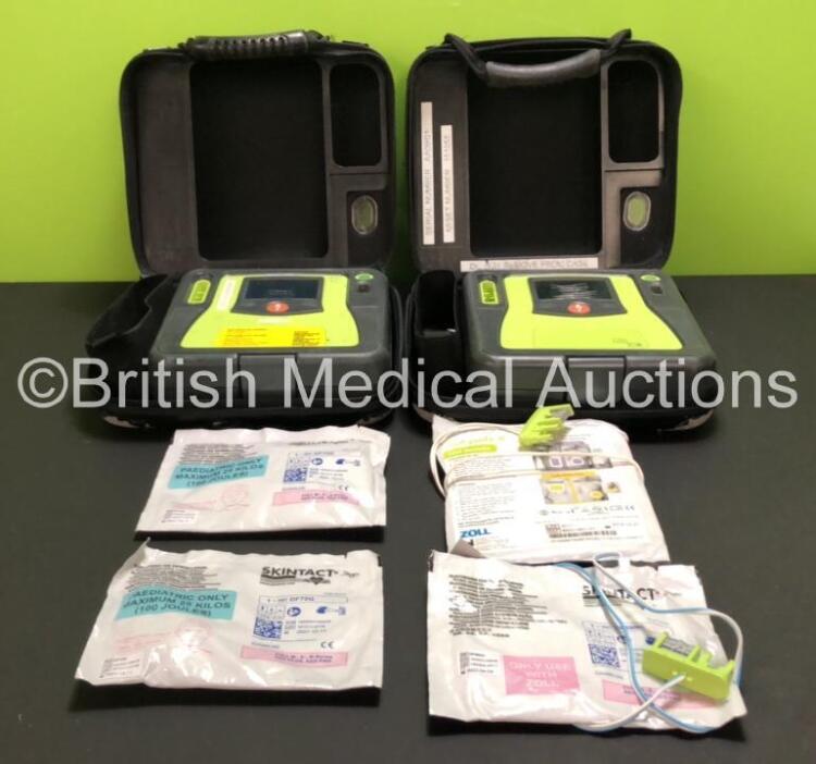 2 x Zoll AED Pro Defibrillators with 2 x Batteries (2 x Low Battery) , 3 x Skintact Electrode *1 x Expires 04/2022 and 2 x Expiry* and 1 x Stat-Padz *Expiry*, in Carry Cases (Both Power Up with Slight Damage to Screens, 2 Batteries Included, 2 x Low Batte