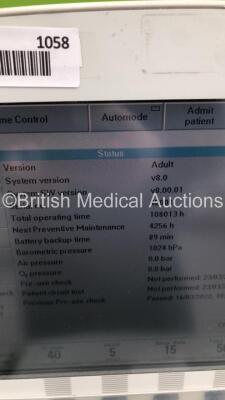 Maquet Servo i Ventilator Model No 6487800 System Version v8.0 System Software Version v8.00.01 Total Operating Hours 108013 with Hoses (Powers Up) * SN 42001 * - 7