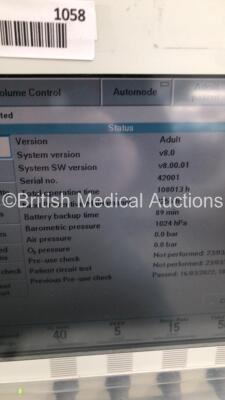 Maquet Servo i Ventilator Model No 6487800 System Version v8.0 System Software Version v8.00.01 Total Operating Hours 108013 with Hoses (Powers Up) * SN 42001 * - 8