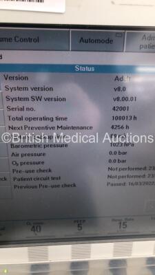 Maquet Servo i Ventilator Model No 6487800 System Version v8.0 System Software Version v8.00.01 Total Operating Hours 108013 with Hoses (Powers Up) * SN 42001 * - 9