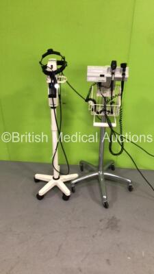 1 x Welch Allyn Otoscope/Ophthalmoscope on Stand with 2 x Handpieces and 2 x Heads and 1 x Welch Allyn Solarc Light Source Unit with Welch Allyn Headlight (Both Power Up)