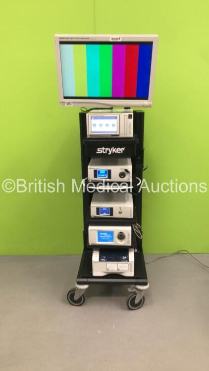 Stryker Stack Trolley with Stryker Vision Elect HDTV Surgical Monitor, Stryker SDC Ultra HD Information Management System (Crack to Casings), Stryker L9000 LED Light Source, Stryker 1288HD HD High Definition Camera Control Unit, Stryker Pneumo Sure High F