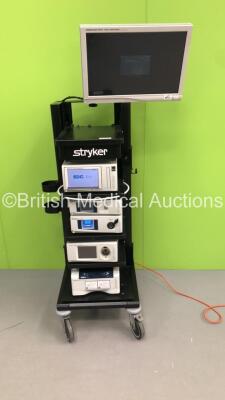 Stryker Stack Trolley with Stryker Vision Elect HDTV Surgical Monitor, Stryker SDC Ultra HD Information Management System, Stryker 1288HD High Definition Camera Control Unit, Stryker L9000 Light Source, Stryker Pneumosure High Flow Insufflator and Stryker