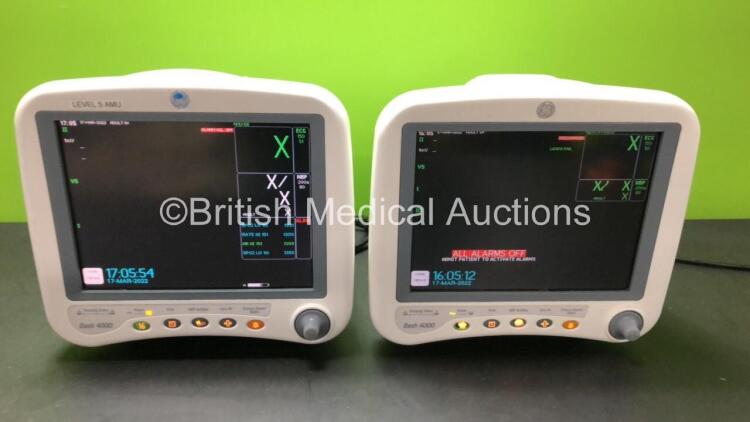 2 x GE Dash 4000 Patient Monitors with BP1, BP2, SpO2, Temp/CO, CO2, NBP and ECG Options (Both Power Up with 1 x Damaged Handle)