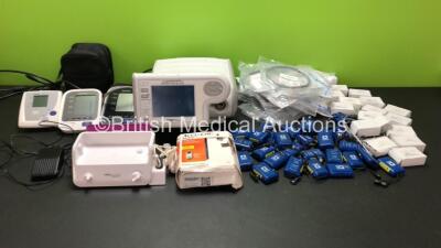 Mixed Lot Including 1 x Respironics BiPAP Focus Ventilator with Power Supply (Powers Up with Error) A Large Quantity of AliMed 712347 UltraThin Connectors with Connecting Cables, 3 x Omron BP Monitors, 1 x Propulse Irrigator and 1 x Accu-Chek Blood Glucos