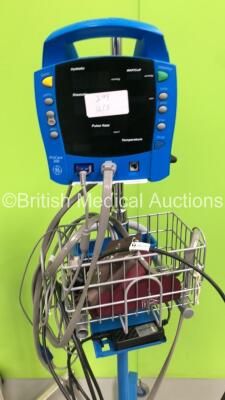 GE ProCare 300 Vital Signs Monitor on Stand with SPO2 Finger Sensor and BP Hose (No Power) and 2 x Welch Allyn Blood Pressure Meters on Stands *S/N 2019194-001* - 3