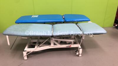 1 x Medi Plinth Electric 3 Way Patient Examination Couch with Controller (Powers Up) and 1 x Unknown Make of Electric Patient Examination Couch with Controller (Powers Up - Rips in Cushions - See Pictures) *S/N 62723*