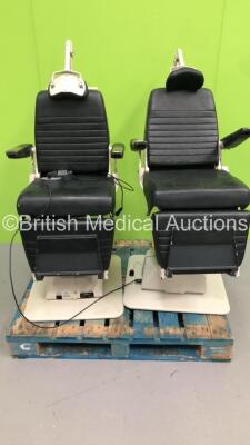 2 x Reliance Medical Products A Haag-Streit Company Electric Ophthalmic Chairs with 2 x Footswitches (1 x Powers Up,1 x No Power Due to Damaged Input) * On Pallet *