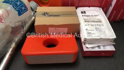 Mixed Lot Including 2 x Mobile Cylinder Holders, 1 x Crutch, 3 x Support Cushions, 5 x Ambu Resuscitators, 13 x Tracheal Intubations Stylets and Approximately 100 x SunMed Bougie-To-Go Endotracheal Tube Introducers - 3