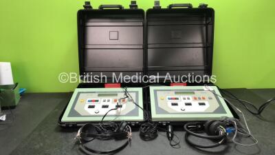 2 x Kamplex AD 25 Diagnostic Audiometers with 2 x Headphones and 1 x Trigger in Carry Cases (Both Power Up)