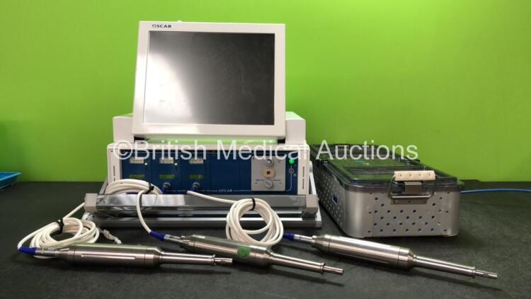 Oscar OE3000 Arthroplasty Ultrasonic System with 3 x Leads, 3 x Probes Including 1 x Oscar 2H-3362 Handpiece, 1 x Oscar 2H-3356 Handpiece, 1 x Oscar 2H-3350 Handpiece 3 x Cables in Metal Tray (Powers Up)