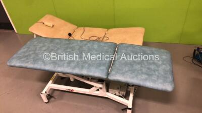 1 x Medi-Plinth 3-Way Electric Patient Examination Couch with Controller * Rips to Cushion-See Photos * and 1 x Medi-Plinth Electric Patient Examination Couch (1 x Powers Up,1 x Unable to Test Due to No Controller)