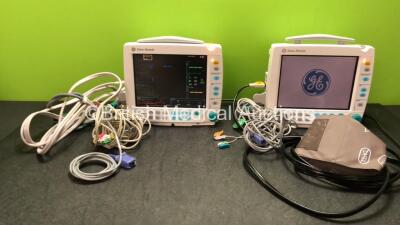 2 x GE Datex Ohmeda Type F-FM-01 Patient Monitors (Both Power Up with Damaged Lights- See Photos) with 2 x GE E-PSMP-00 Modules ECG, NIBP, P1, P2, T1,T2 and SpO2 Options, 2 x ECG Leads, 2 x SpO2 Leads with Sensors and 2 x BP Hoses with Cuffs *SN 6829971, 