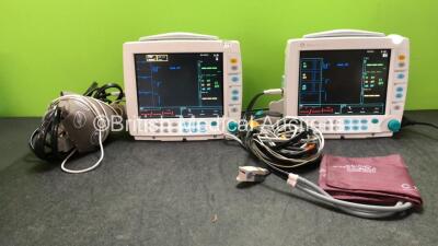 2 x GE Datex Ohmeda Type F-FM-01 Patient Monitors (Both Power Up 1 with Damaged Light- See Photos) with 2 x GE E-PSMP-00 Modules ECG, NIBP, P1, P2, T1,T2 and SpO2 Options, 2 x ECG Leads, 2 x SpO2 Leads with Sensors and 2 x BP Hoses with Cuffs *SN 6829972,