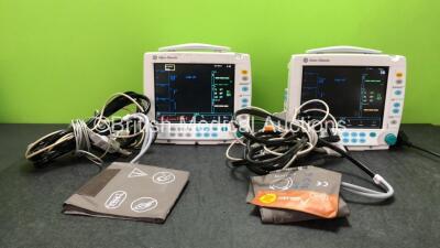 2 x GE Datex Ohmeda Type F-FM-01 Patient Monitors (Both Power Up with Damaged Lights- See Photos) with 2 x GE E-PSMP-00 Modules ECG, NIBP, P1, P2, T1,T2 and SpO2 Options, 2 x ECG Leads, 2 x SpO2 Leads with Sensors and 2 x BP Hoses with Cuffs *SN 6527449, 