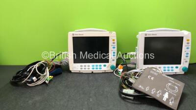 2 x GE Datex Ohmeda Type F-FM-01 Patient Monitors (Both Hold Power with Blank Displays 1 with Missing Light Cover- See Photos) with 2 x GE E-PSMP-00 Modules ECG, NIBP, P1, P2, T1,T2 and SpO2 Options, 2 x ECG Leads, 2 x SpO2 Leads with Sensors and 2 x BP H