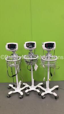 3 x Welch Allyn 53S00 Patient Monitors on Stands with 3 x BP Hoses (All Power Up) *C*