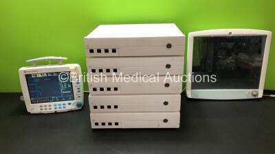 Job Lot Including 1 x Datex Ohmeda F-FMW-00 Patient Monitor with NIBP, T1, T2, SpO2 and EKG Options (Powers Up - Missing Light Casing and Crack in Casing (See Photos), 1 x GE D19KT Display (Powers Up) and 5 x Carescape Monitor B850 Base Units *6057577, DT